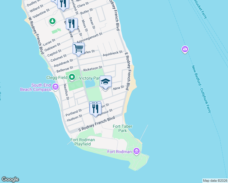 map of restaurants, bars, coffee shops, grocery stores, and more near 14 Belmont Street in New Bedford