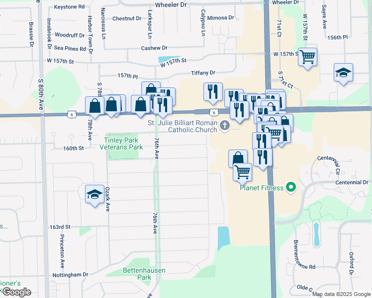 map of restaurants, bars, coffee shops, grocery stores, and more near 7434 160th Place in Tinley Park