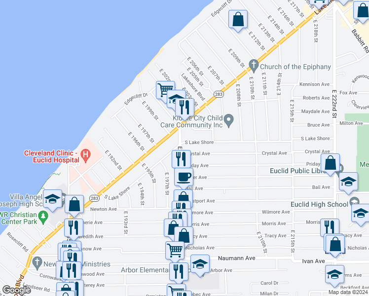 map of restaurants, bars, coffee shops, grocery stores, and more near 261 East 200th Street in Cleveland