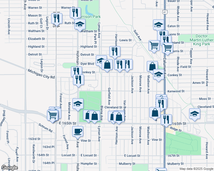 map of restaurants, bars, coffee shops, grocery stores, and more near 6252 Garfield Avenue in Hammond