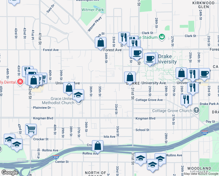 map of restaurants, bars, coffee shops, grocery stores, and more near 3326 University Avenue in Des Moines