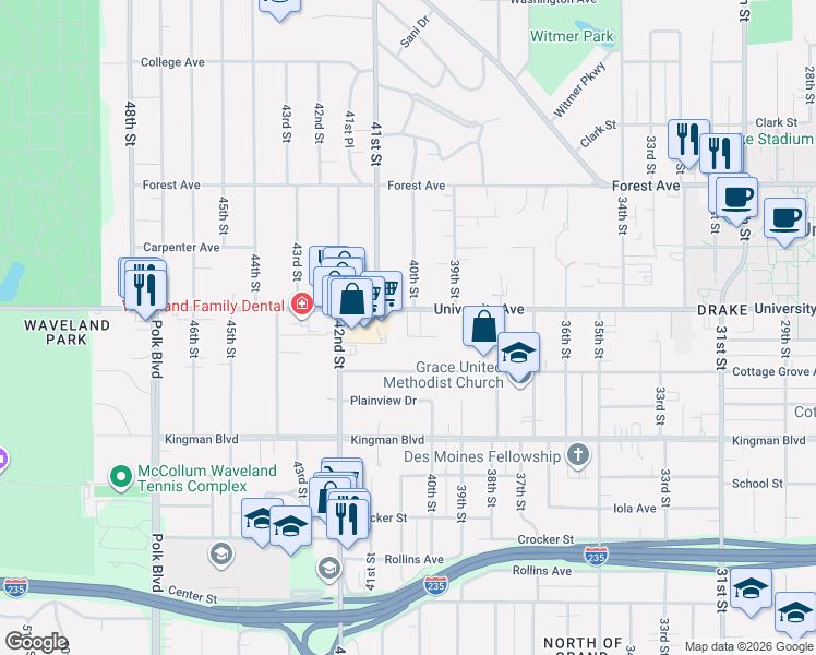 map of restaurants, bars, coffee shops, grocery stores, and more near 4010 University Avenue in Des Moines