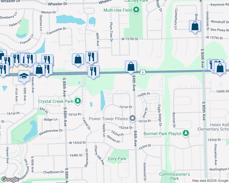 map of restaurants, bars, coffee shops, grocery stores, and more near 8536 Westberry Lane in Tinley Park