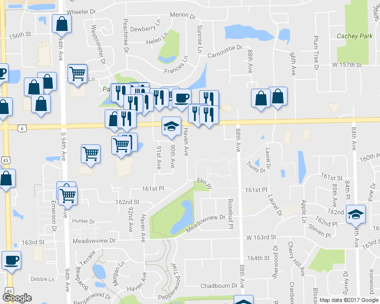 map of restaurants, bars, coffee shops, grocery stores, and more near 16001 Haven Avenue in Orland Hills