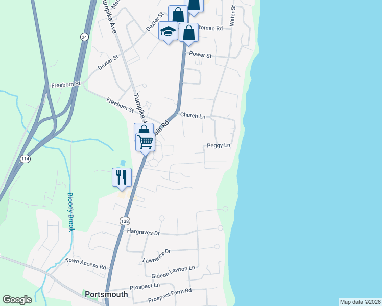 map of restaurants, bars, coffee shops, grocery stores, and more near 116 Immokolee Drive in Portsmouth