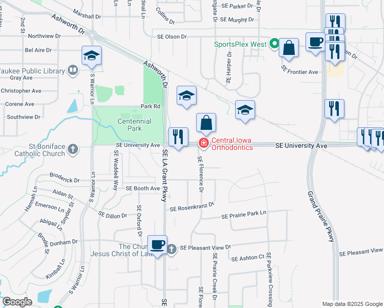 map of restaurants, bars, coffee shops, grocery stores, and more near 1200 Southeast Florence Drive in Waukee