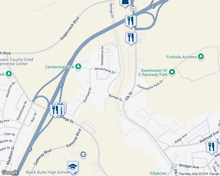 map of restaurants, bars, coffee shops, grocery stores, and more near 4000 Springs Drive in Rock Springs
