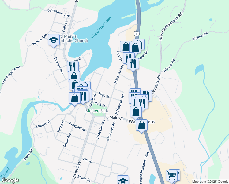 map of restaurants, bars, coffee shops, grocery stores, and more near 38 High Street in Wappingers Falls