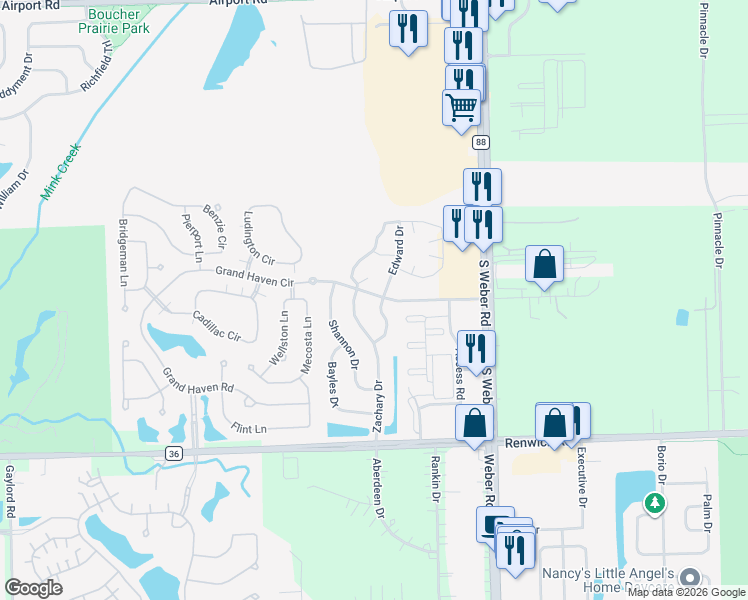 map of restaurants, bars, coffee shops, grocery stores, and more near 678 Edward Drive in Romeoville