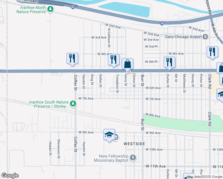 map of restaurants, bars, coffee shops, grocery stores, and more near 621 Calhoun Street in Gary