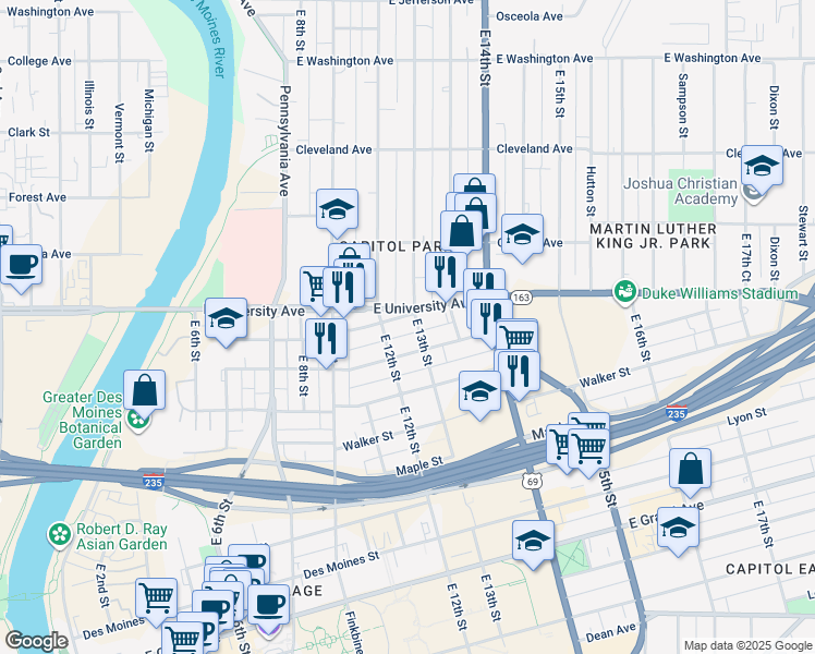 map of restaurants, bars, coffee shops, grocery stores, and more near 1107 East 13th Street in Des Moines
