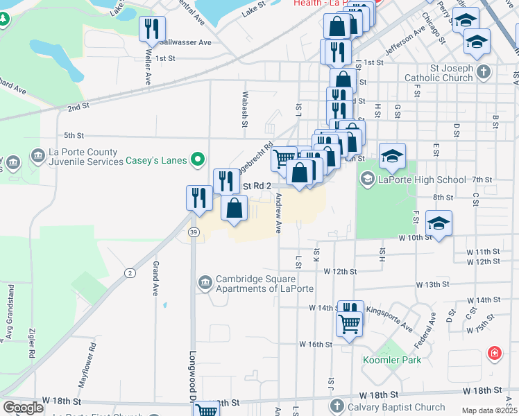 map of restaurants, bars, coffee shops, grocery stores, and more near 900-1124 Andrew Ave in La Porte