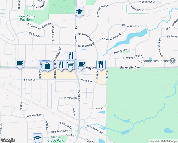 map of restaurants, bars, coffee shops, grocery stores, and more near 9080 University Avenue in Waukee