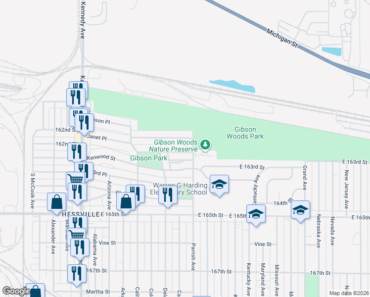 map of restaurants, bars, coffee shops, grocery stores, and more near 3140 East Parkway in Hammond