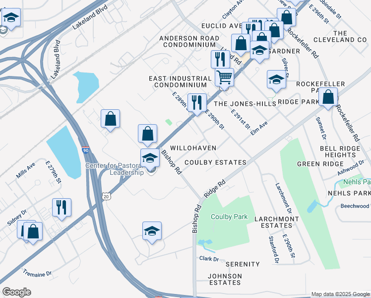 map of restaurants, bars, coffee shops, grocery stores, and more near 28806 Alton Road in Wickliffe