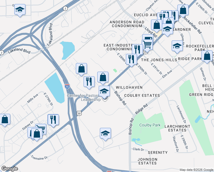 map of restaurants, bars, coffee shops, grocery stores, and more near 28711 Euclid Ave in Wickliffe