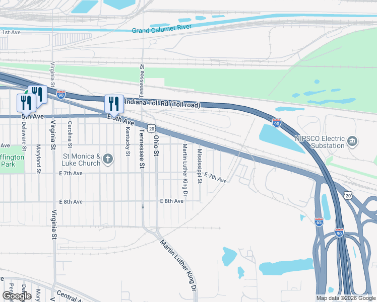 map of restaurants, bars, coffee shops, grocery stores, and more near 643 Martin Luther King Drive in Gary
