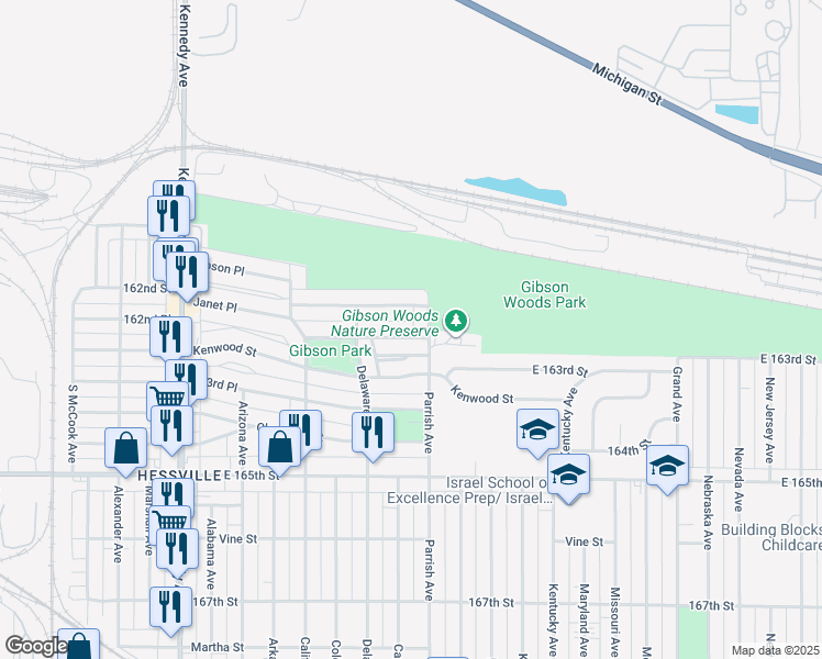 map of restaurants, bars, coffee shops, grocery stores, and more near 3145 Parkway North Street in Hammond