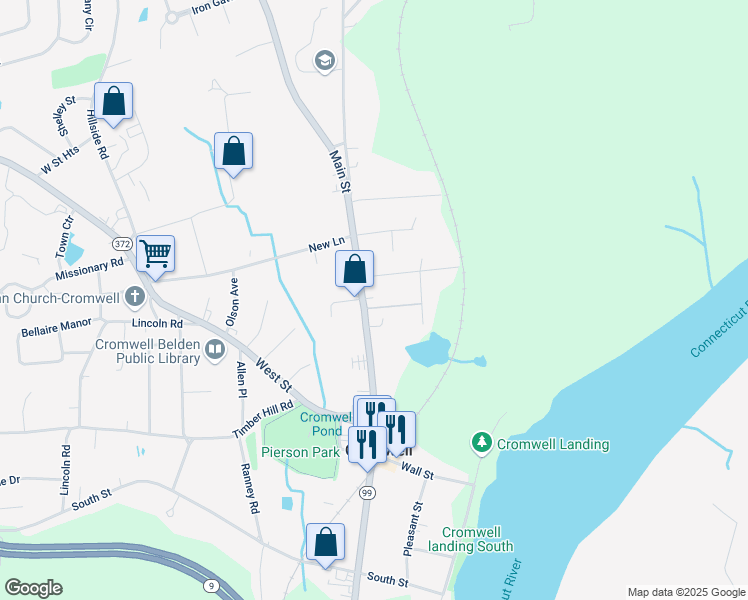map of restaurants, bars, coffee shops, grocery stores, and more near 372 Main Street in Cromwell