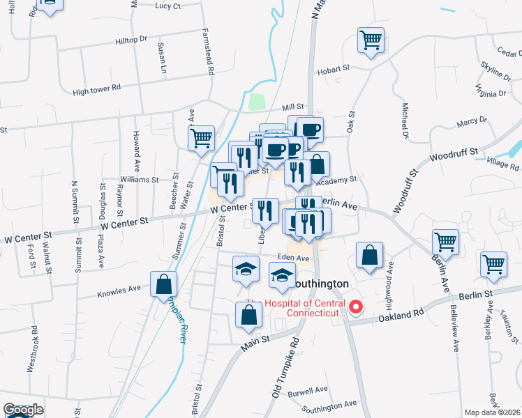 map of restaurants, bars, coffee shops, grocery stores, and more near 137 Liberty Street in Southington
