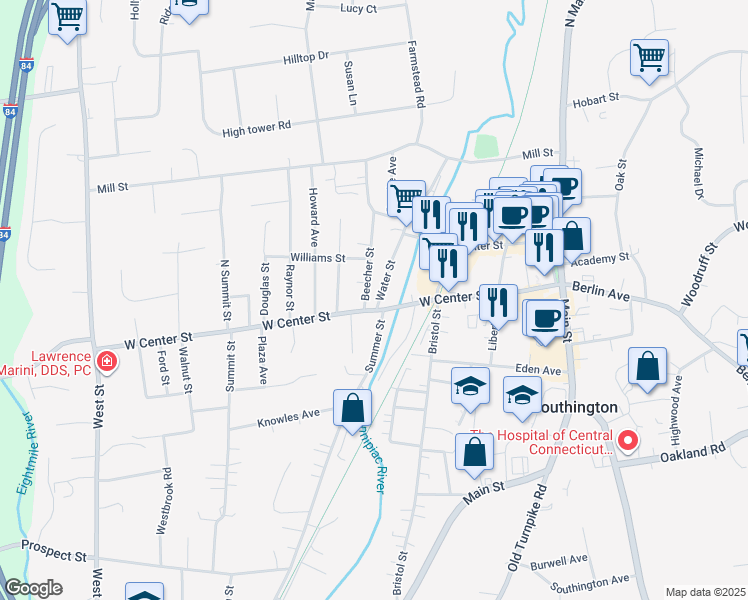 map of restaurants, bars, coffee shops, grocery stores, and more near 156 West Center Street in Southington