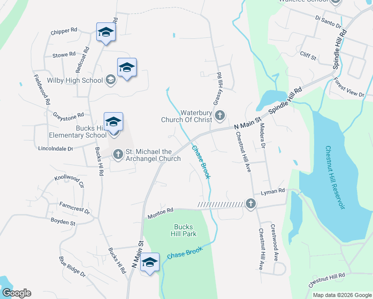 map of restaurants, bars, coffee shops, grocery stores, and more near 3094 North Main Street in Waterbury