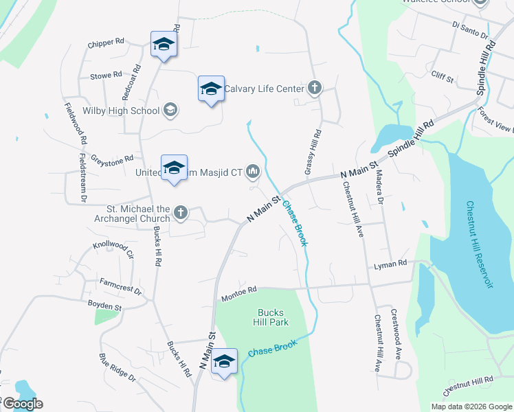 map of restaurants, bars, coffee shops, grocery stores, and more near 3069 North Main Street in Waterbury