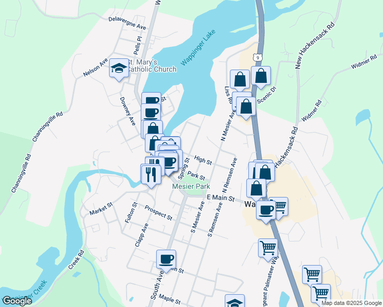 map of restaurants, bars, coffee shops, grocery stores, and more near 11 Park Avenue in Wappingers Falls