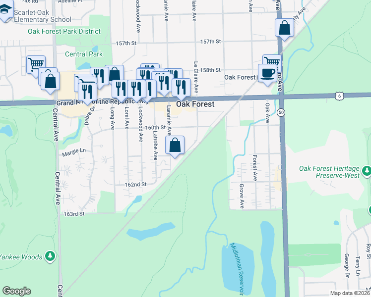 map of restaurants, bars, coffee shops, grocery stores, and more near 5150 Shadow Creek Drive in Oak Forest