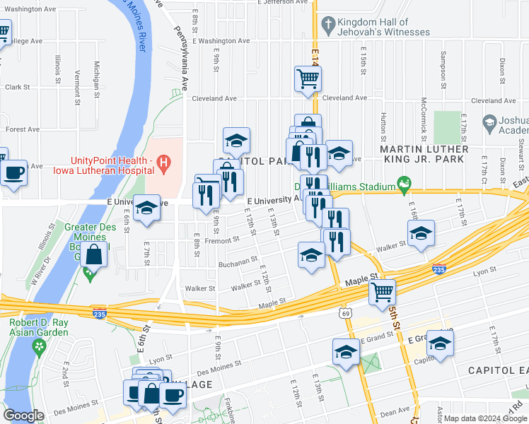 map of restaurants, bars, coffee shops, grocery stores, and more near 1107 East 13th Street in Des Moines