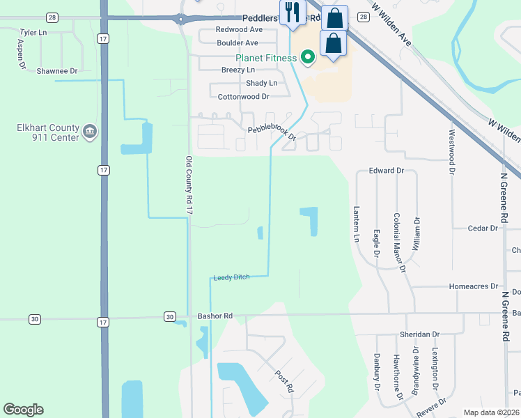 map of restaurants, bars, coffee shops, grocery stores, and more near 21926 Shirley Drive in Goshen