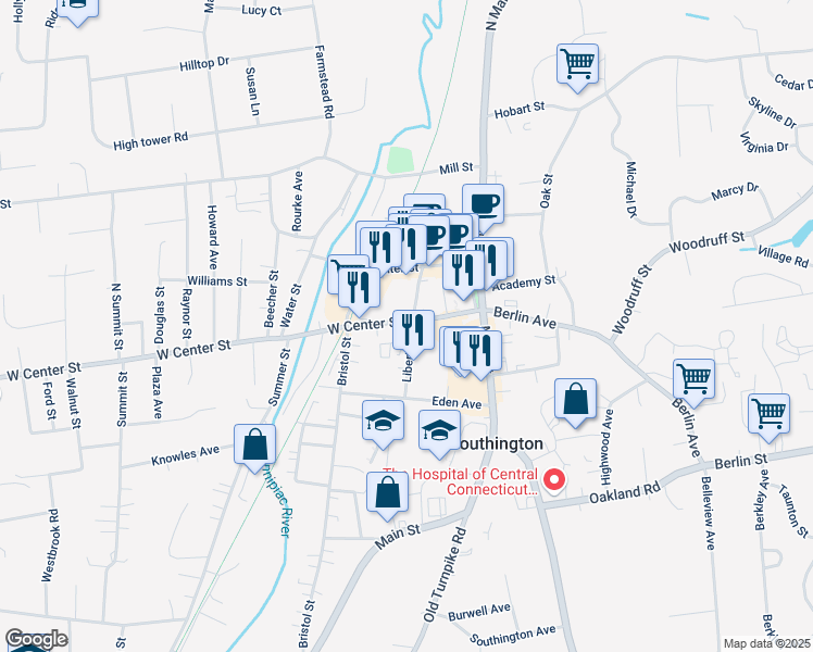 map of restaurants, bars, coffee shops, grocery stores, and more near 137 Liberty Street in Southington