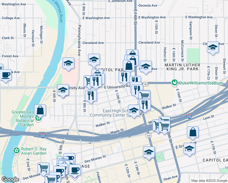 map of restaurants, bars, coffee shops, grocery stores, and more near 1219 Filmore Street in Des Moines