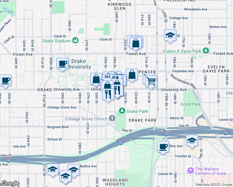 map of restaurants, bars, coffee shops, grocery stores, and more near 1147 24th Street in Des Moines