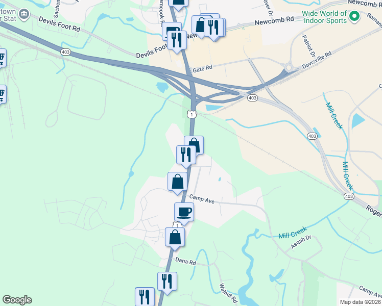 map of restaurants, bars, coffee shops, grocery stores, and more near 7291 Post Road in North Kingstown