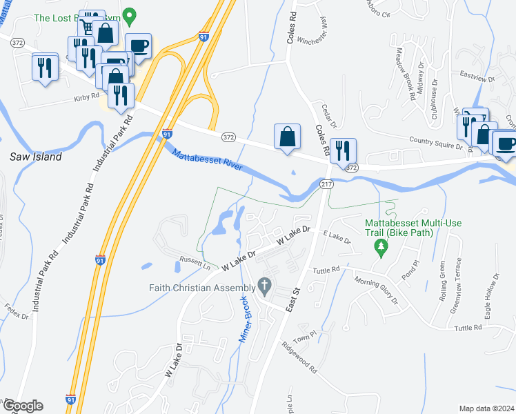 map of restaurants, bars, coffee shops, grocery stores, and more near 149 Trolley Crossing Lane in Middletown