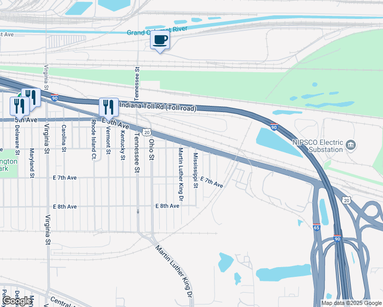 map of restaurants, bars, coffee shops, grocery stores, and more near 643 Martin Luther King Drive in Gary