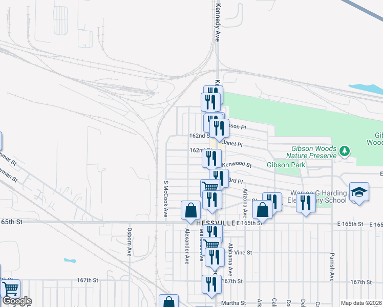 map of restaurants, bars, coffee shops, grocery stores, and more near 2708 162nd Place in Hammond