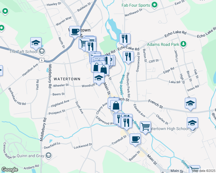 map of restaurants, bars, coffee shops, grocery stores, and more near 820 Main Street in Watertown