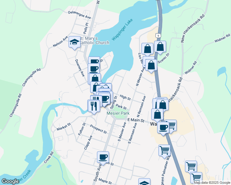 map of restaurants, bars, coffee shops, grocery stores, and more near 11 Park Avenue in Wappingers Falls