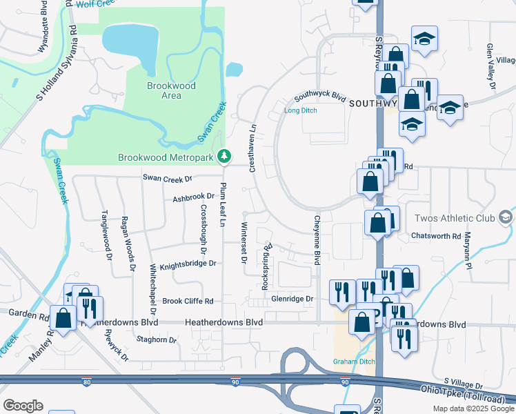 map of restaurants, bars, coffee shops, grocery stores, and more near 2215 Winterset Drive in Toledo