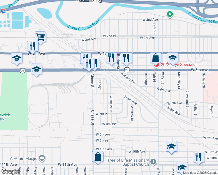 map of restaurants, bars, coffee shops, grocery stores, and more near 589 Taney Street in Gary