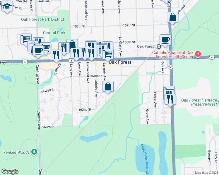 map of restaurants, bars, coffee shops, grocery stores, and more near 5150 Shadow Creek Drive in Oak Forest