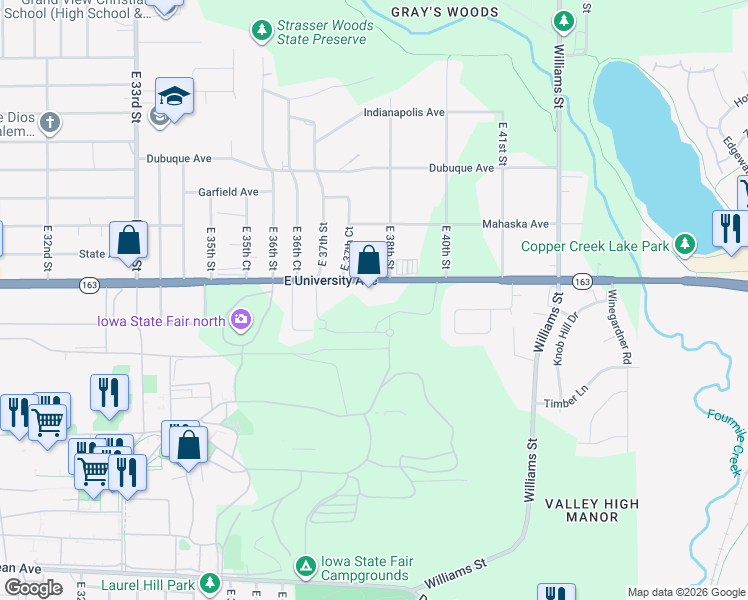 map of restaurants, bars, coffee shops, grocery stores, and more near 3725 East University Avenue in Des Moines