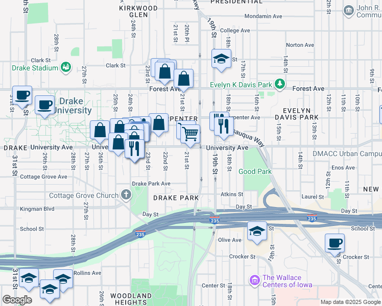map of restaurants, bars, coffee shops, grocery stores, and more near 1162 21st Street in Des Moines