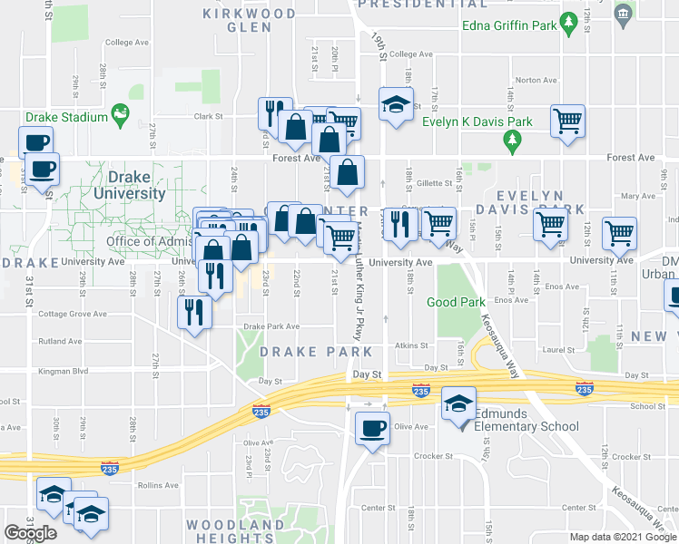 map of restaurants, bars, coffee shops, grocery stores, and more near 1162 21st Street in Des Moines