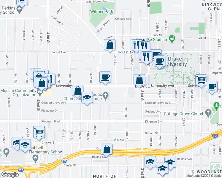 map of restaurants, bars, coffee shops, grocery stores, and more near 1130 35th Street in Des Moines