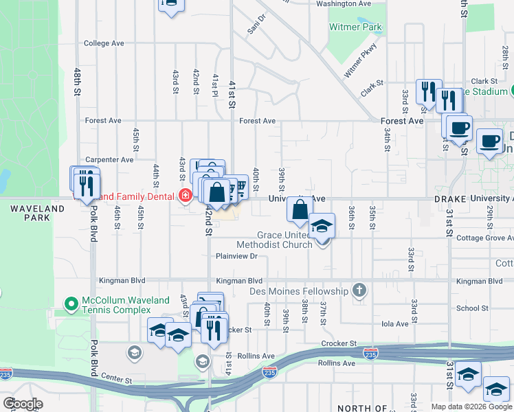 map of restaurants, bars, coffee shops, grocery stores, and more near 4010 University Avenue in Des Moines