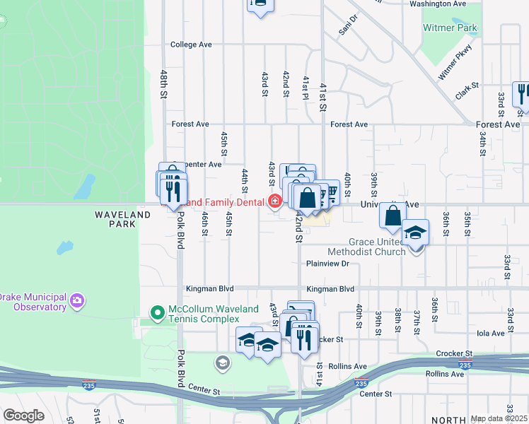 map of restaurants, bars, coffee shops, grocery stores, and more near 1121 44th Street in Des Moines