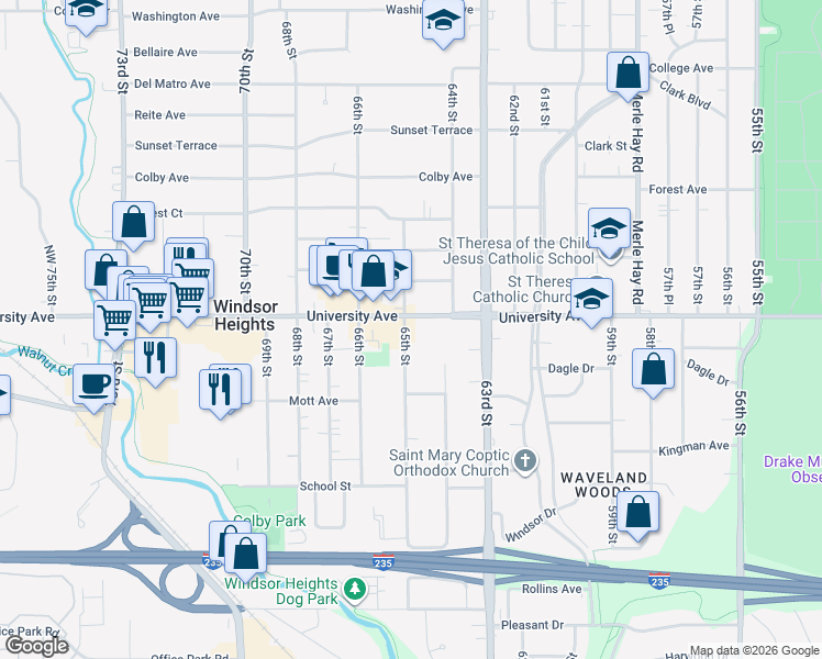 map of restaurants, bars, coffee shops, grocery stores, and more near 1145 65th Street in Windsor Heights